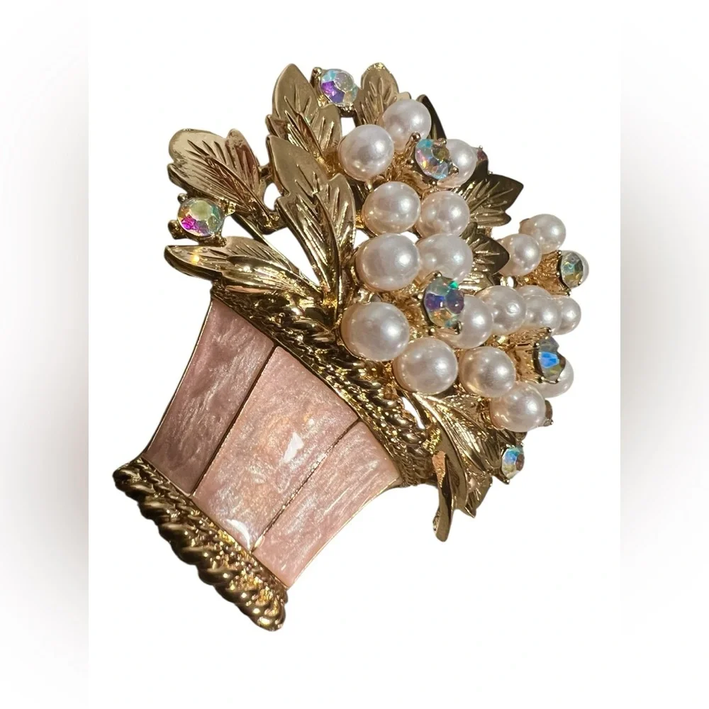Vintage Style Pink Basket Brooch with Faux Pearl Flowers & AB Crystals